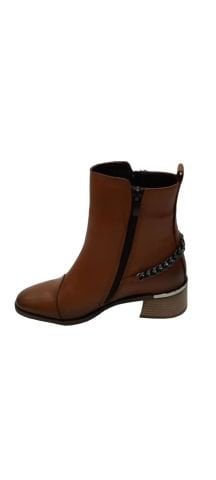 Taba Hakiki Deri Çift Taraf Fermuarlı Küçük Topuklu Zincirli Bot