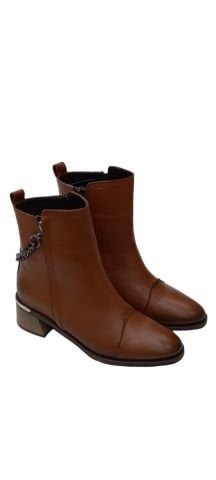 Taba Hakiki Deri Çift Taraf Fermuarlı Küçük Topuklu Zincirli Bot