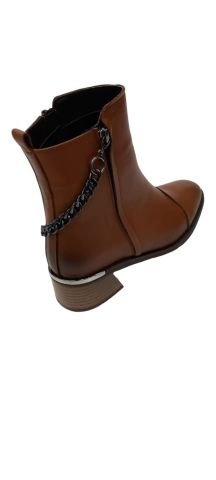 Taba Hakiki Deri Çift Taraf Fermuarlı Küçük Topuklu Zincirli Bot
