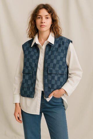 İtalyan Kareli Jean Yelek Etegi Büzülebilir Fermuarlı Cepli Yelek