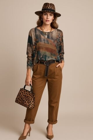 İtalyan Kahve Camel   Desenli  Viskon  Triko Bluz