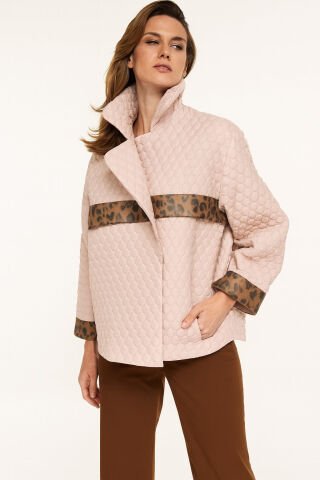 Bej Rengi  Daire  Kapitone Leaopar Kombinli Trenç