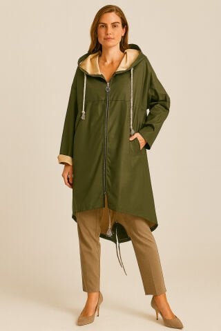 italyan Haki Rengi Yapay Bederi Fermuarlı Kapşonlu Trenç