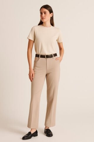 Bej Rengi Kalın Likralı Boru Paca Pantalon