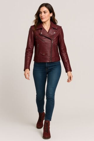 Bordo  Hakiki Deri Fermuar Detaylı Yaka Zımbalı Ceket