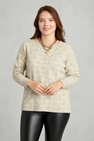 Bej Kemik Rengi Kazayagı Desenli Triko Bluz