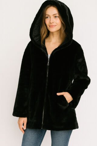 Büyük Beden Siyah  Kapşonlu Peluş Kaban