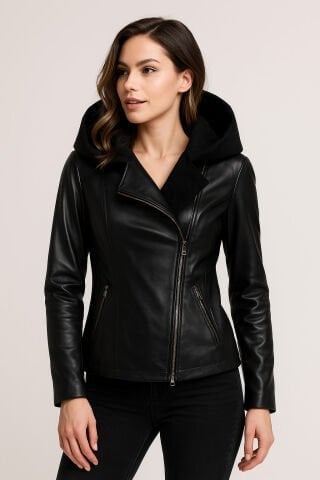 Siyah Hakiki Deri Fermuarlı Ceket Kapşonlu