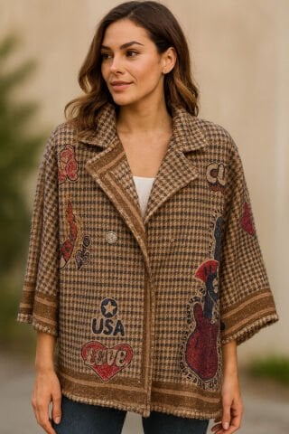 İtalyan Salaş Pelerin Modeli Kareli Kaban