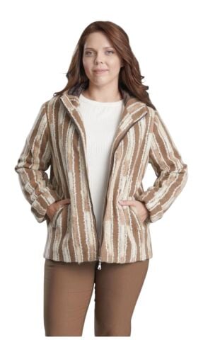 Yünlü Bej Kahve  Çizgili Kapşonlu Kaban