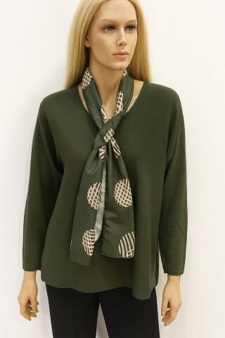 İtalyan Haki V Yaka  Kendinden  Eşarplı  Salaş Triko