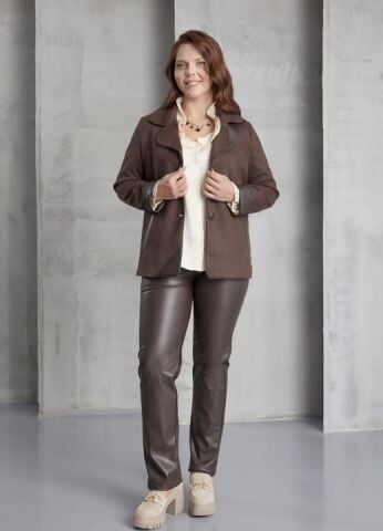 Büyük BedenKahve  Yakada Deri Garnili Örme Ceket