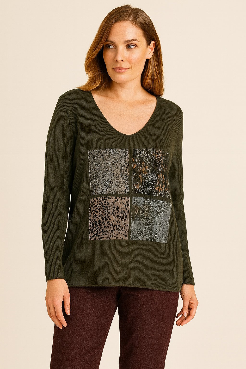 Haki Yeşil İtalyan Viskon Bluz Öönünde Leopar Deseni Olan Triko