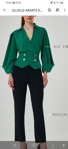 Yeşil  Kruvaze Sarı Dügmeli Peplum Model  Krep Bluz