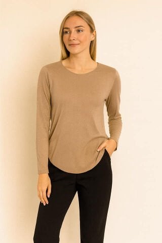 İnce  Bej  İtalyan Yuvarlak  Yaka Triko Bluz