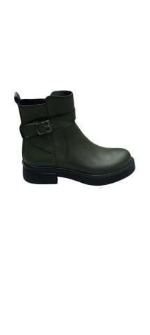 Haki Yeşil Yandan  Fermuarlı Hakiki  Deri Kalın Taban Bot