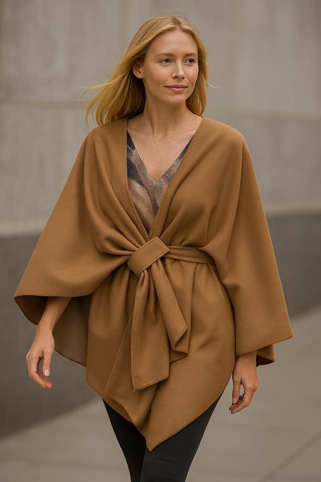 Camel Kaşe  Rengi Önü Geçmeli Pelerin