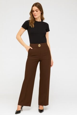 Kahve Rengi Bol Paca Kalın Kemerli  Pantalon
