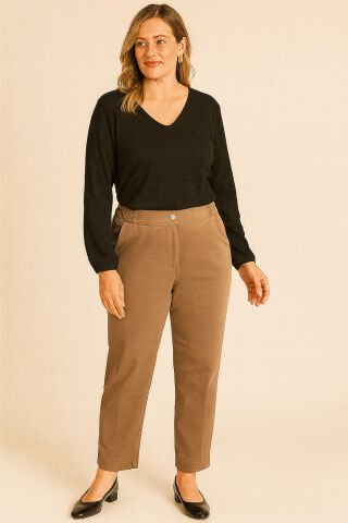 Büyük Beden Bej  Kanvas Arkası Lastikli Pantalon