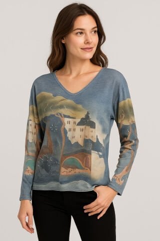 İtalyan Mavi Rengi Pano Desenli V Yaka Bluz Yumusacık