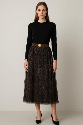 Leopar Desenli Tül Uzun Etek