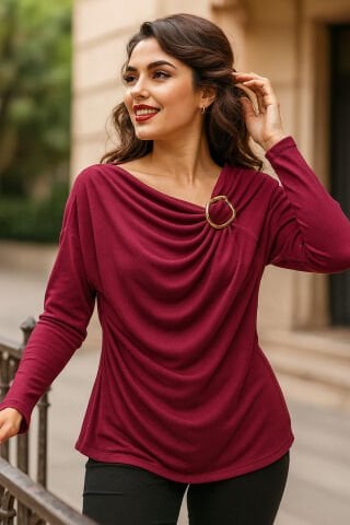 İtalyan   Bordo Asimetri Yakası Olan Viskon Bluz