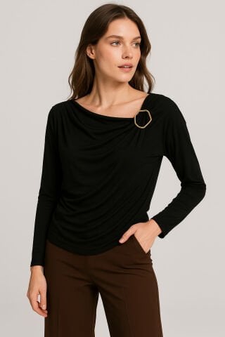 İtalyan   Siyah  Asimetri Yakası Olan Viskon Bluz