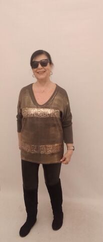 Haki Rengi V Yaka Önünde Varak Baskısı Olan İtalyan İnce Triko