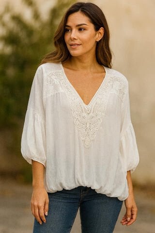 İtalyan Beyaz İpek Fistolu Bluz