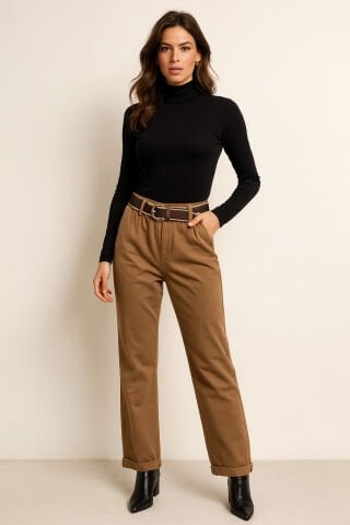 İtalyan Camel Rengi Kemerli Bol Pantalon