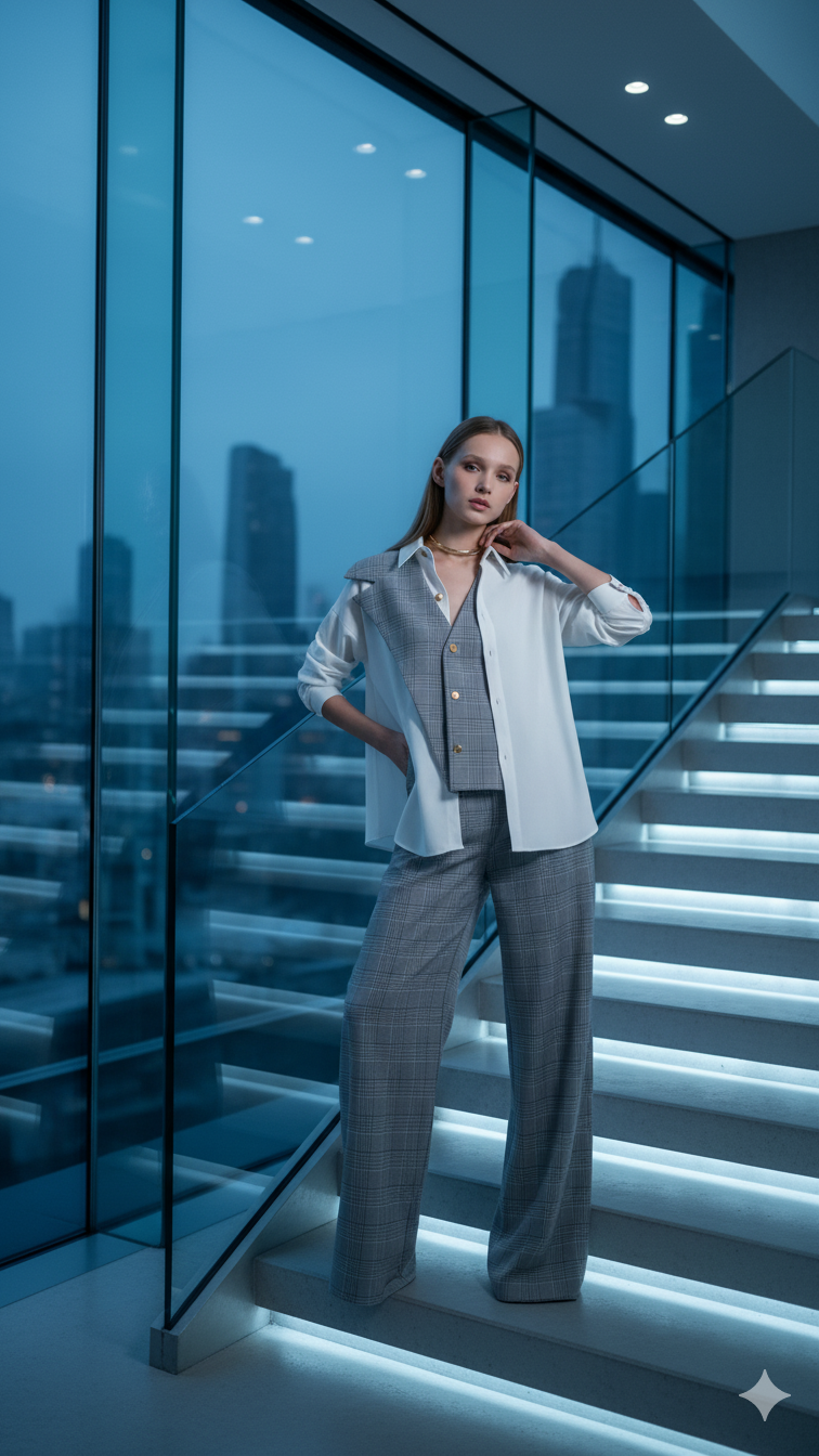 Beyaz Gömlek Gri Beyaz Kareli Kumaş İç Yelekli Takım