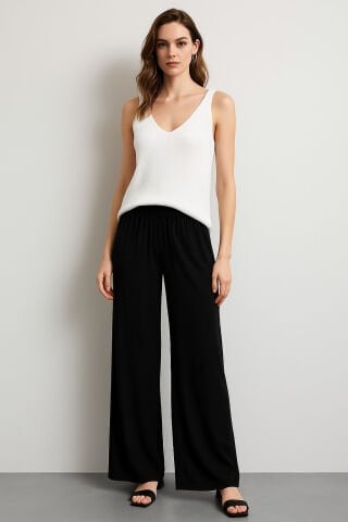 Siyah Beli Lastikli Penye Boru Paça Pantalon