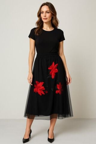 Tül Kımızı Buyuk Çiçekli Etek