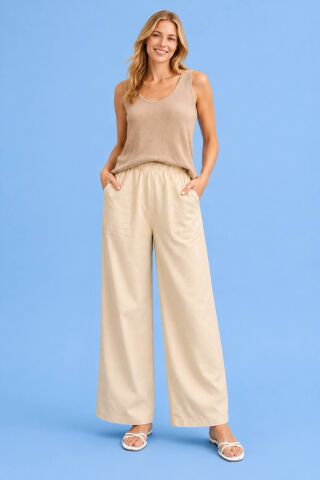 Sarı Bol Şalvar Modeli Beli Lastikli Cotton Pantalon