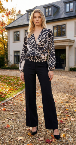 Siyah Beyaz Desenli kruvaze Saten Bluz