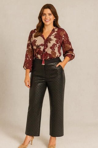 Siyah Önü  Benekli Deri Arkası Likralı  Boru Paça Pantalon