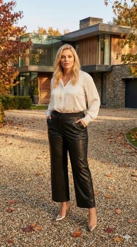 Önü Benekli Deri Arkası Likralı Boru Paça Siyah Pantolon