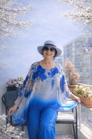 İtalyan İpek Saks Rengi Çiçek Desenleri Olan Degrade Pantalonlu Takım