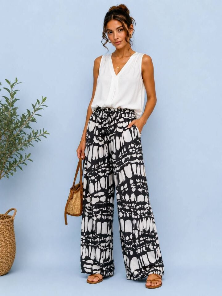 Viskon siyah Beyaz Desenli Büyük Beden Beli Lastikli Pantalon