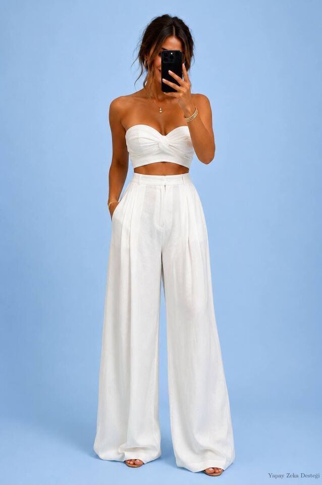 Bürümcük  Flos Kumaş  Beyaz Kumaş Bol Astalı Pantalon