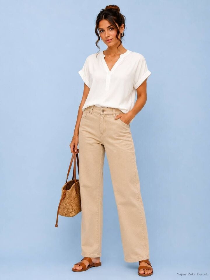 Kanvas Bej Rengi  Boru Paça Pantalon