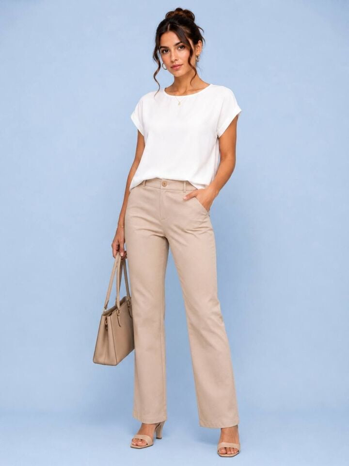 Likralı Bej Rengi Streç Dar Paça Pantalon