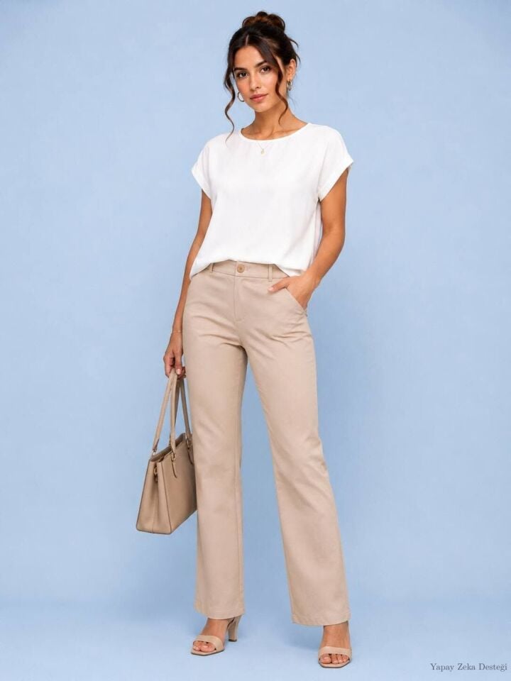 Likralı Bej Rengi Streç Dar Paça Pantalon