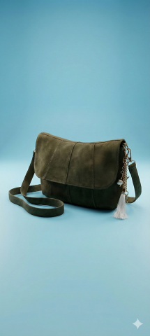 Haki Hakiki Süet Deri Kapaklı Postacı Çanta