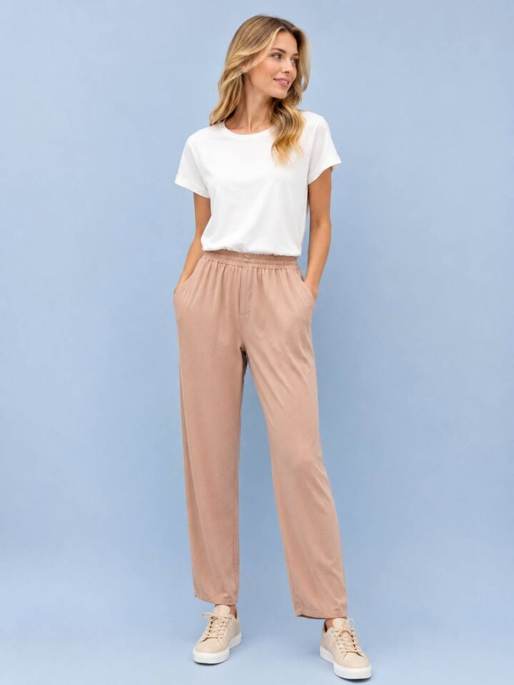 Büyük Beden Bej Rengi  Beli Lastikli Pantalon