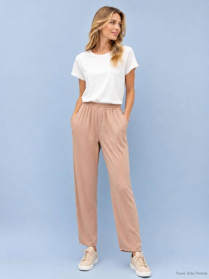 Büyük Beden Bej Rengi  Beli Lastikli Pantalon