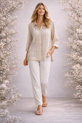 Büyük Beden Dantel Örgü  Bej Rengi  Ceket