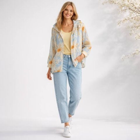 Vual Sarı Çiçekli Kapşonlu   İnce Ceket