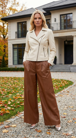 Hakiki Deri  Yandan Fermuarlı Kemik Rengi Ceket