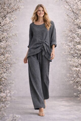 İtalyan Gri Bir Tarafı Büzgülü Keten Pantolonlu Takım